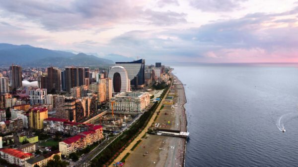 Aerial drone view of Batumi, Georgia at sunset